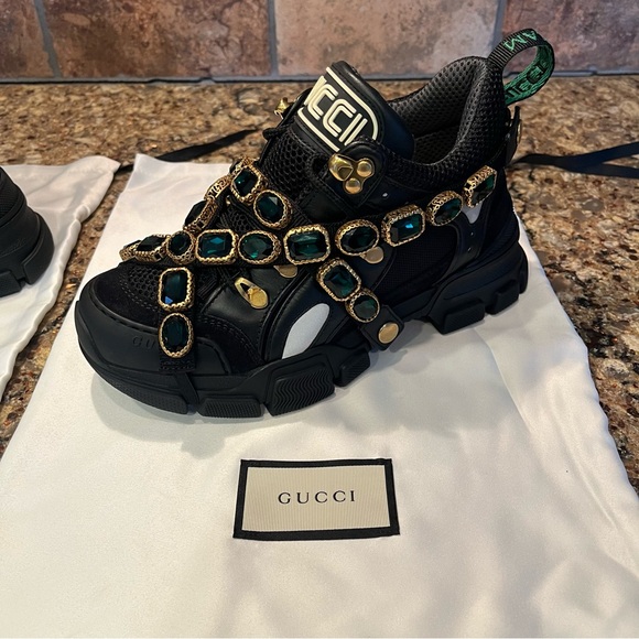 GUCCI Women's Flashtrek Crystals Black Emerald Sneakers - Picture 3 of 13